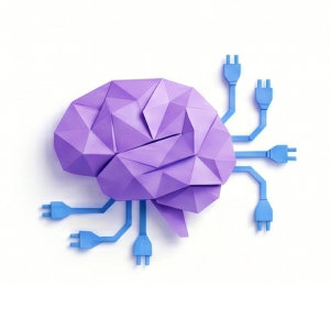 Wire the brain - origami purple brain with blue cables plugging into your existing tools