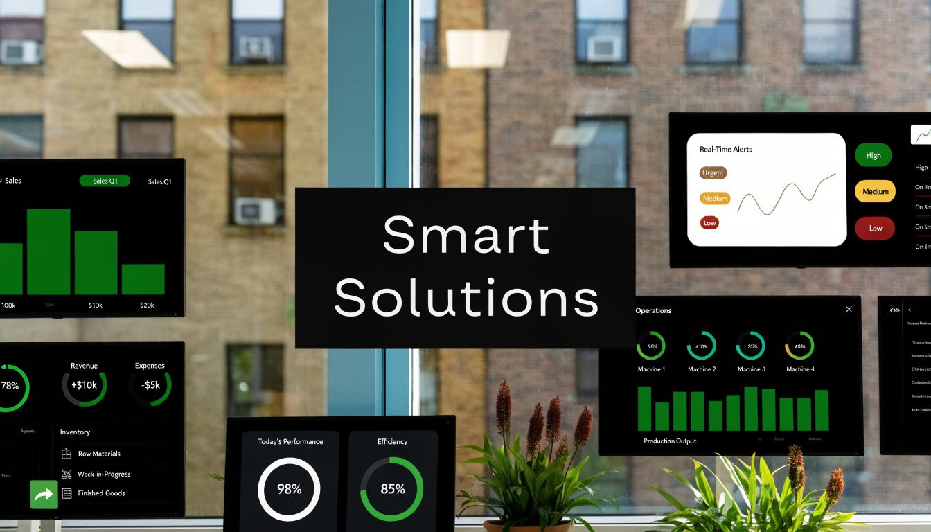 A digital display wall in a modern office showing various business analytics, performance dashboards, and real-time operational metrics.
