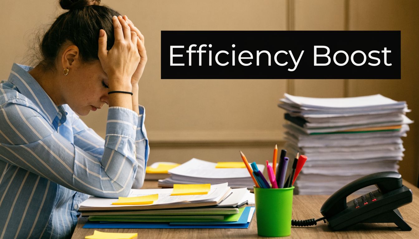 A stressed woman sitting at an office desk surrounded by stacks of paperwork and office supplies.