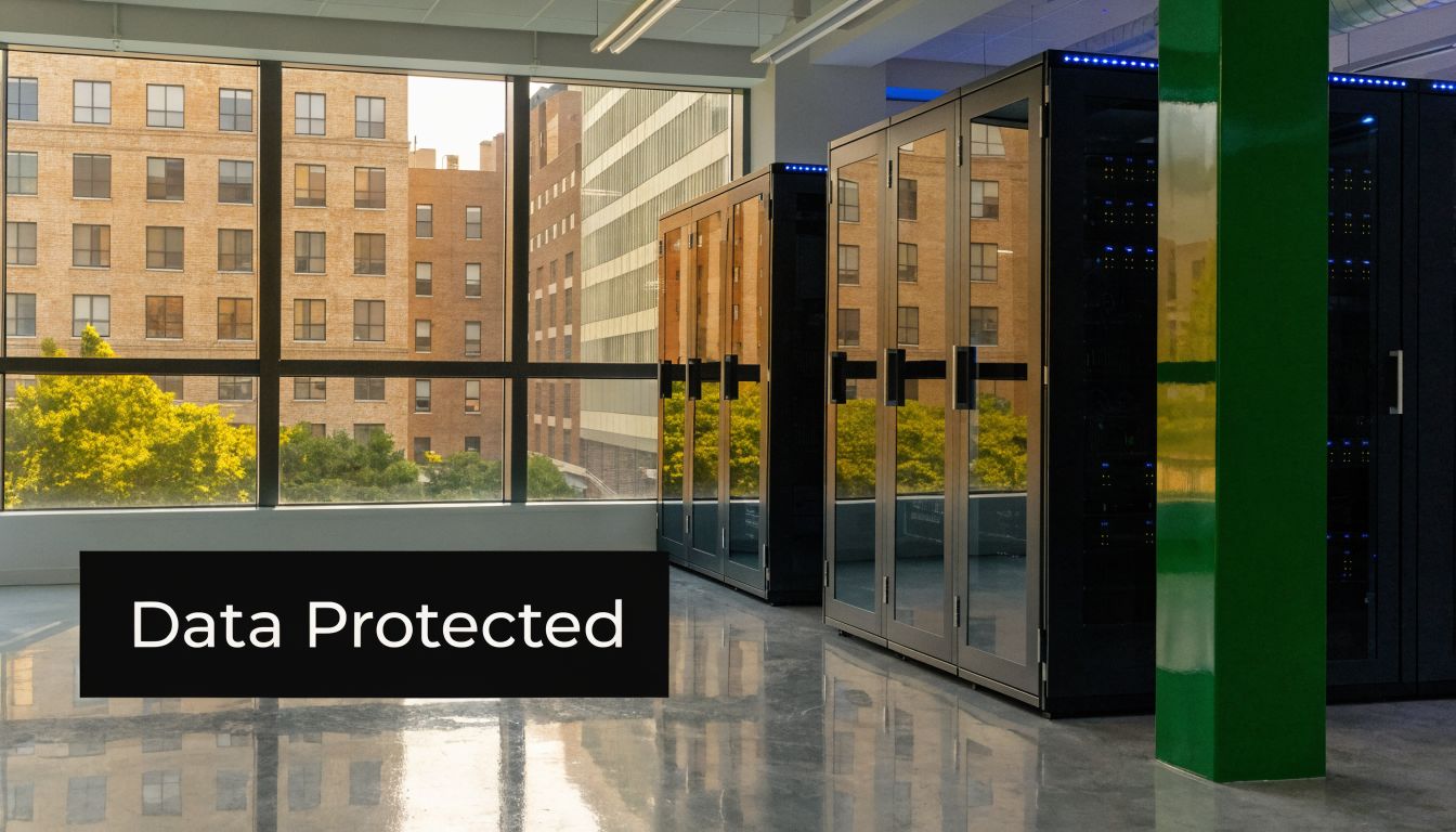 A modern server room with computer racks near large windows overlooking a city skyline with trees.