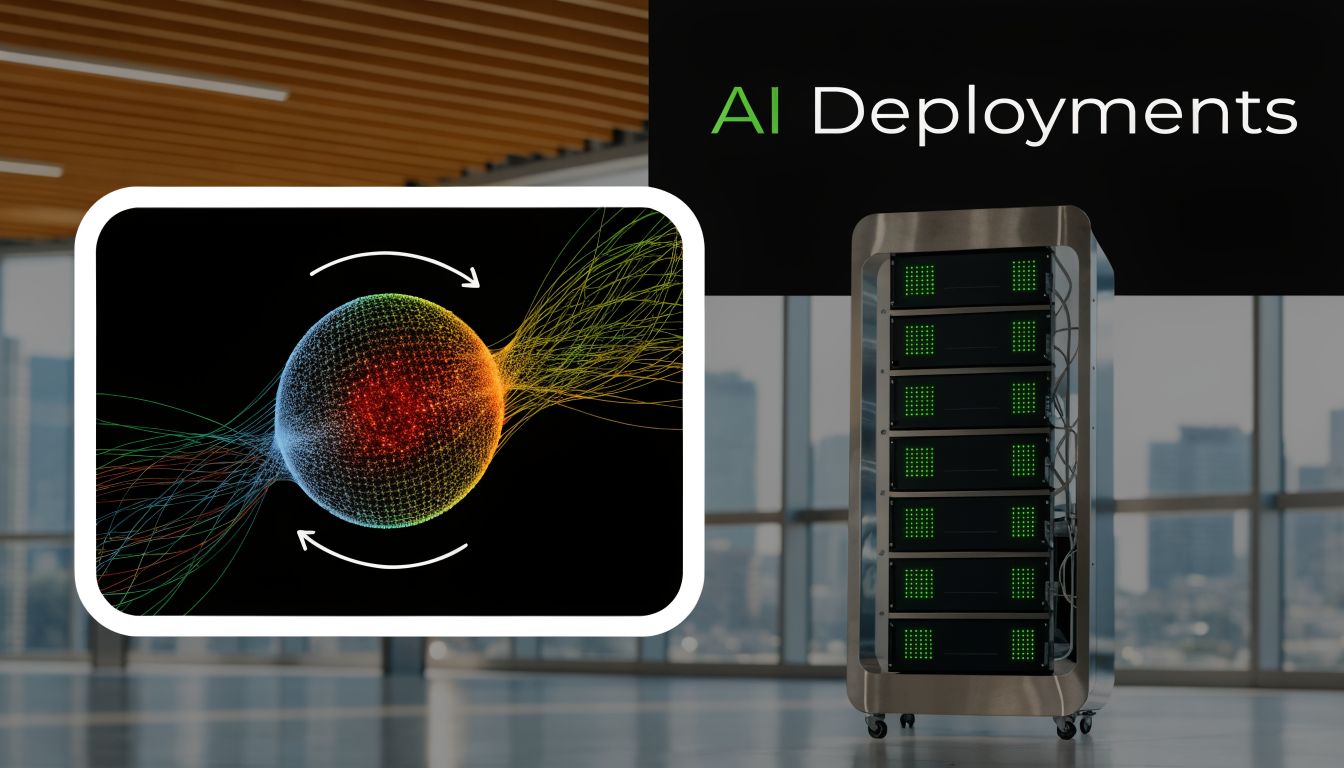 A server rack in a modern office next to a graphic representation of artificial intelligence technology.