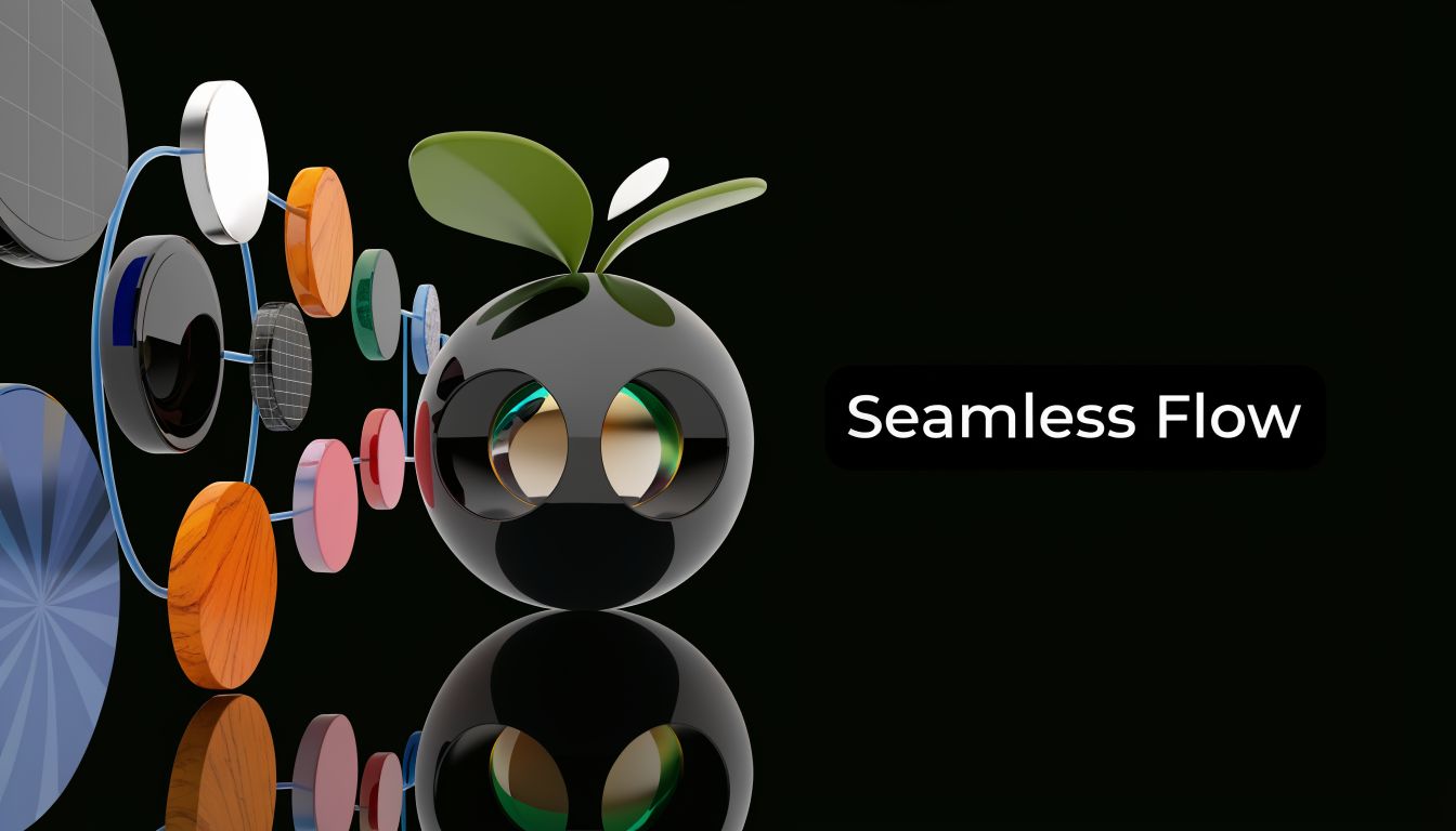 A 3D character with leafy antennae and reflective eyes next to floating abstract geometric shapes