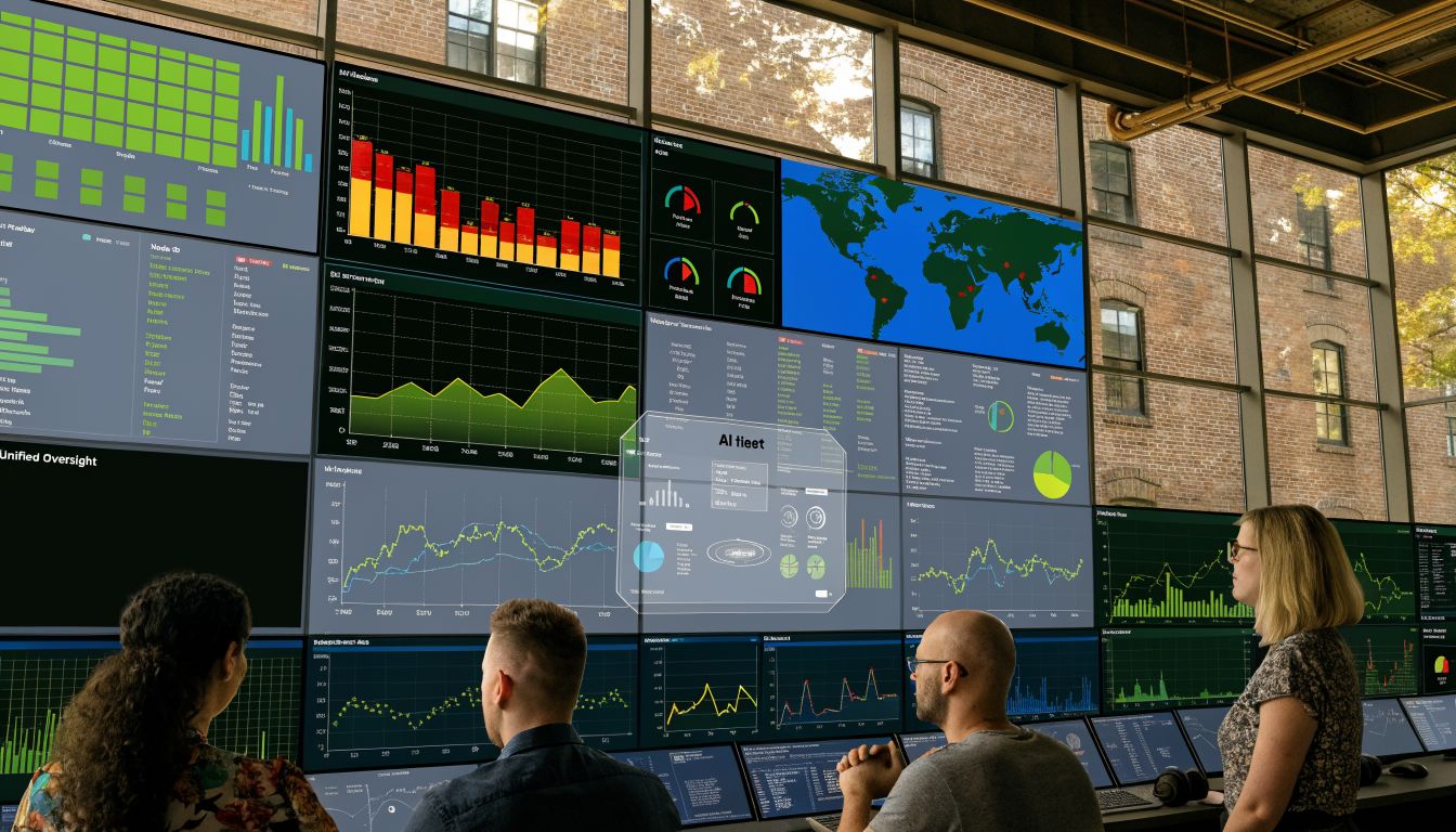 A diverse team of professionals monitors data analytics on a large wall of screens in an office.