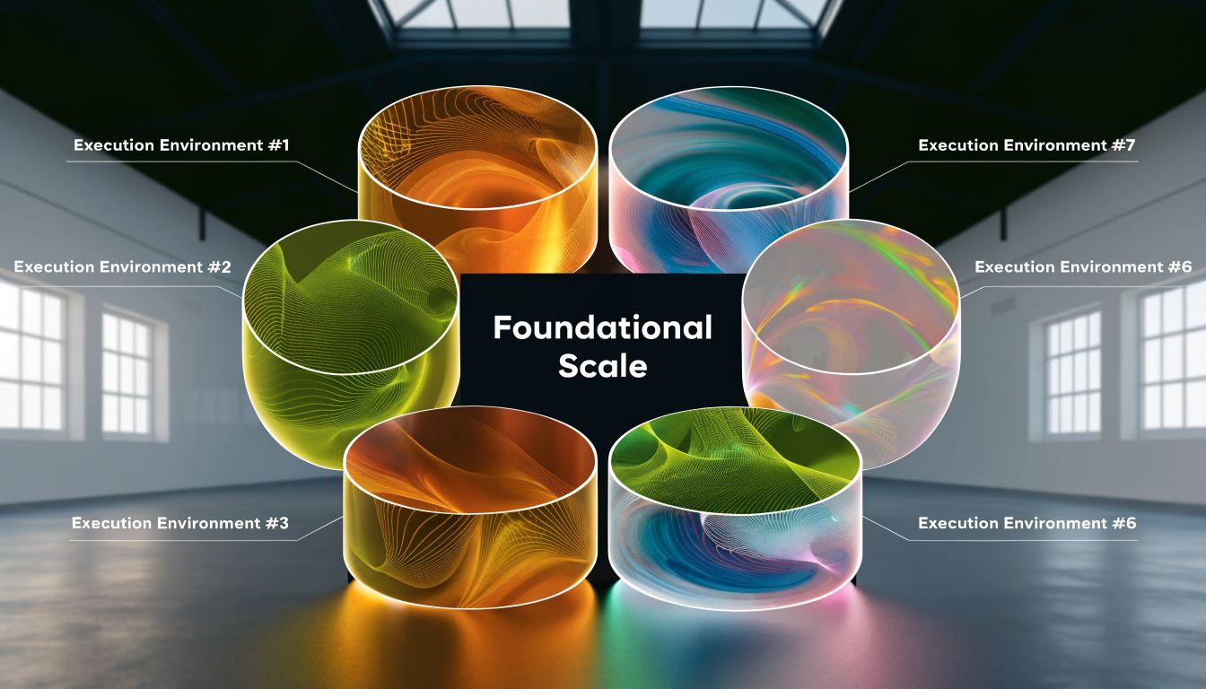 A digital graphic titled Foundational Scale featuring abstract, colorful 3D circular nodes representing different execution environments.