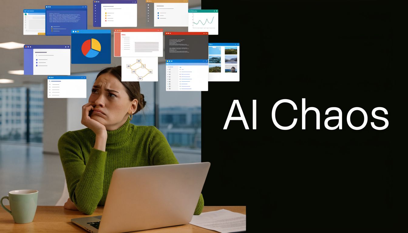 An overwhelmed young woman working on a laptop surrounded by floating digital windows representing information overload.