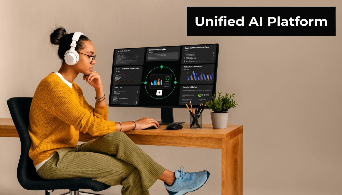 A woman working on a unified AI platform dashboard on her computer at a modern wooden desk.