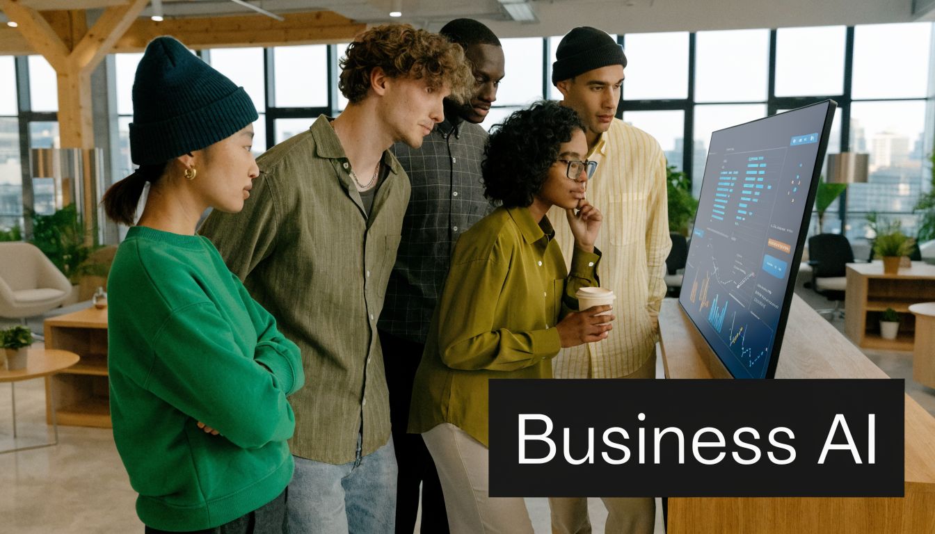 A diverse team of colleagues looking at data visualization charts on a digital screen in an office.