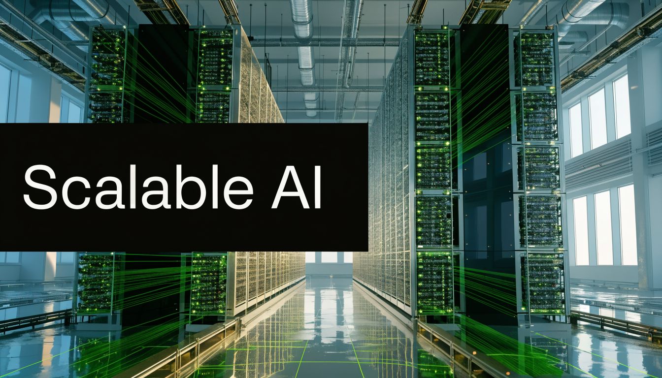 A large-scale data center server room with glowing green light connections and the text Scalable AI.