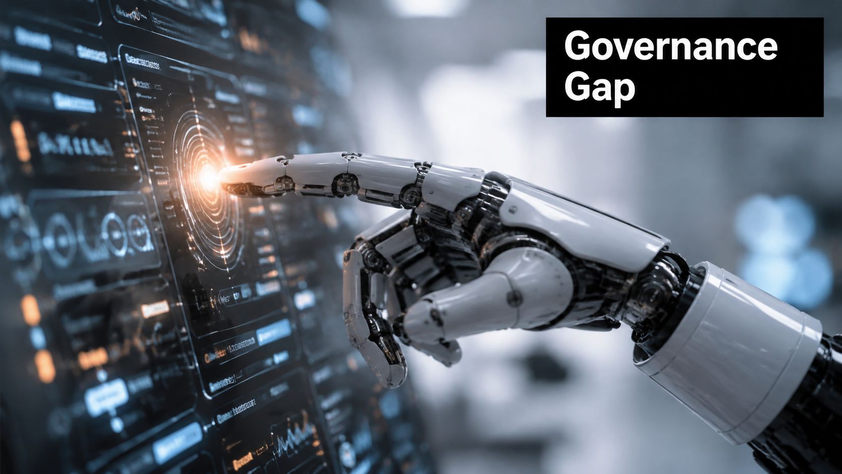 A robotic hand touching a digital interface screen representing the concept of an artificial intelligence governance gap.