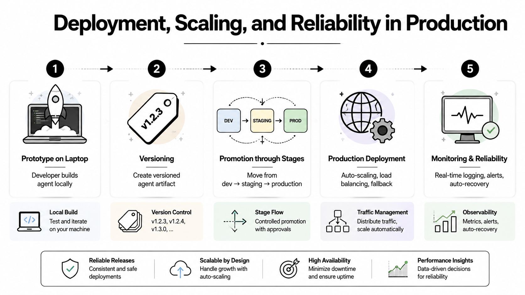A five-step diagram illustrating the lifecycle of AI agent deployment, from local prototyping to production monitoring.