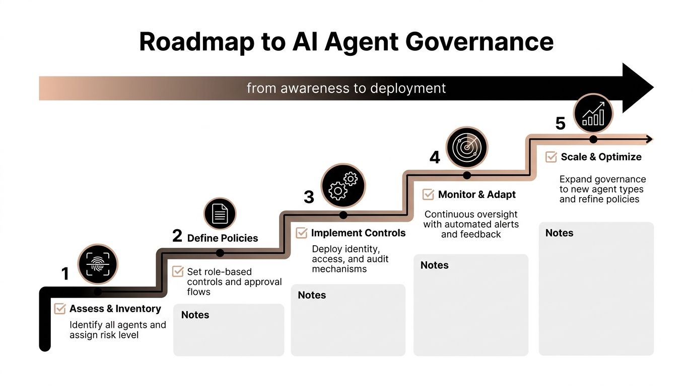 A five-step roadmap illustration outlining the process of establishing governance for AI agents in organizations.