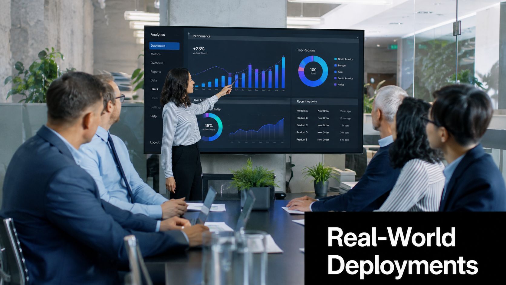 A woman presenting business analytics on a large screen to a team in a professional meeting room.