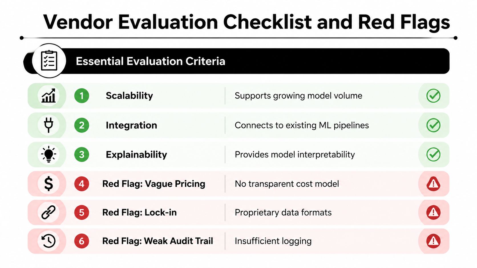 A checklist table highlighting essential evaluation criteria and common red flags for selecting AI vendor software.