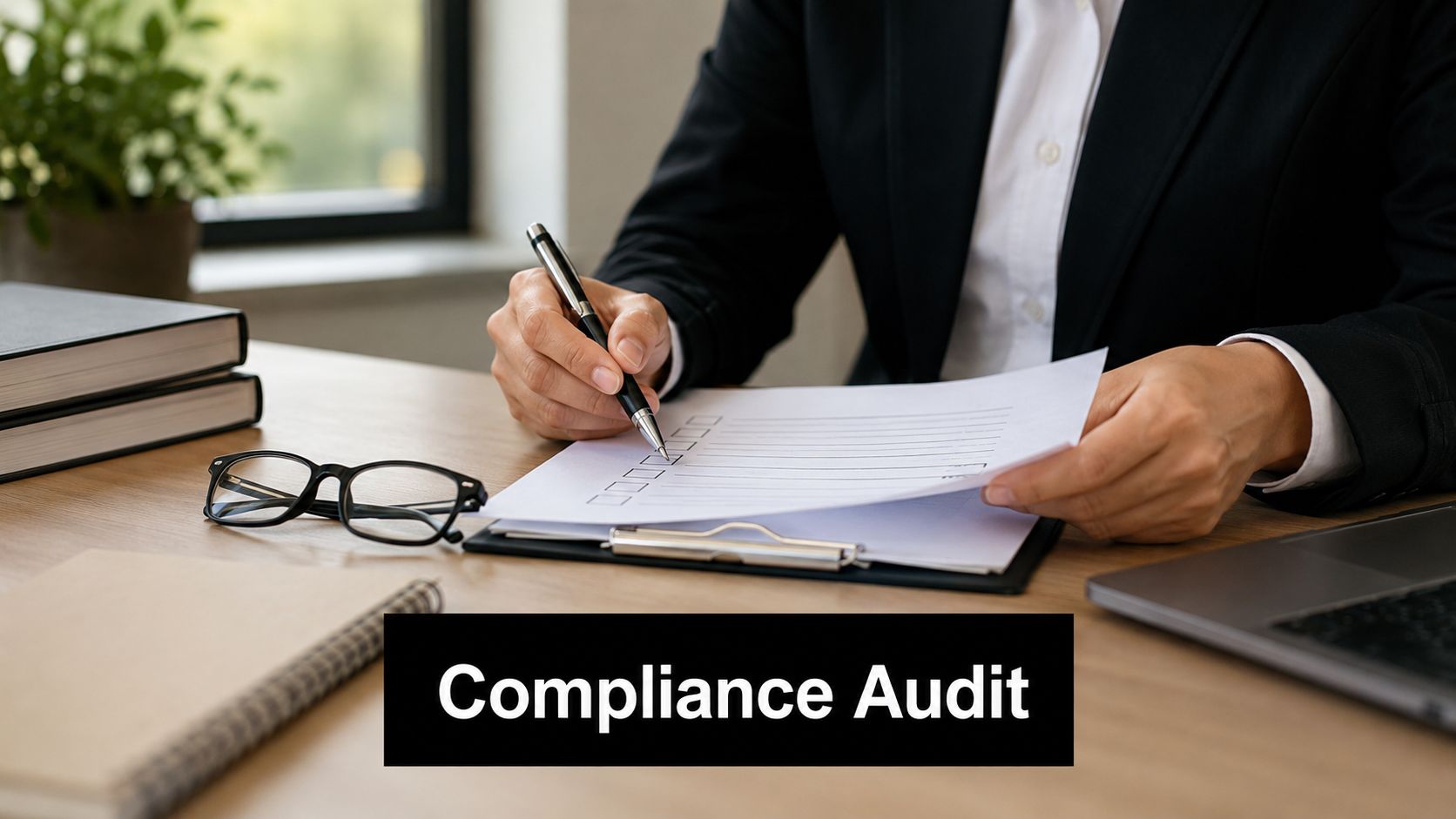A professional in a suit filling out a compliance audit checklist form at an office desk.
