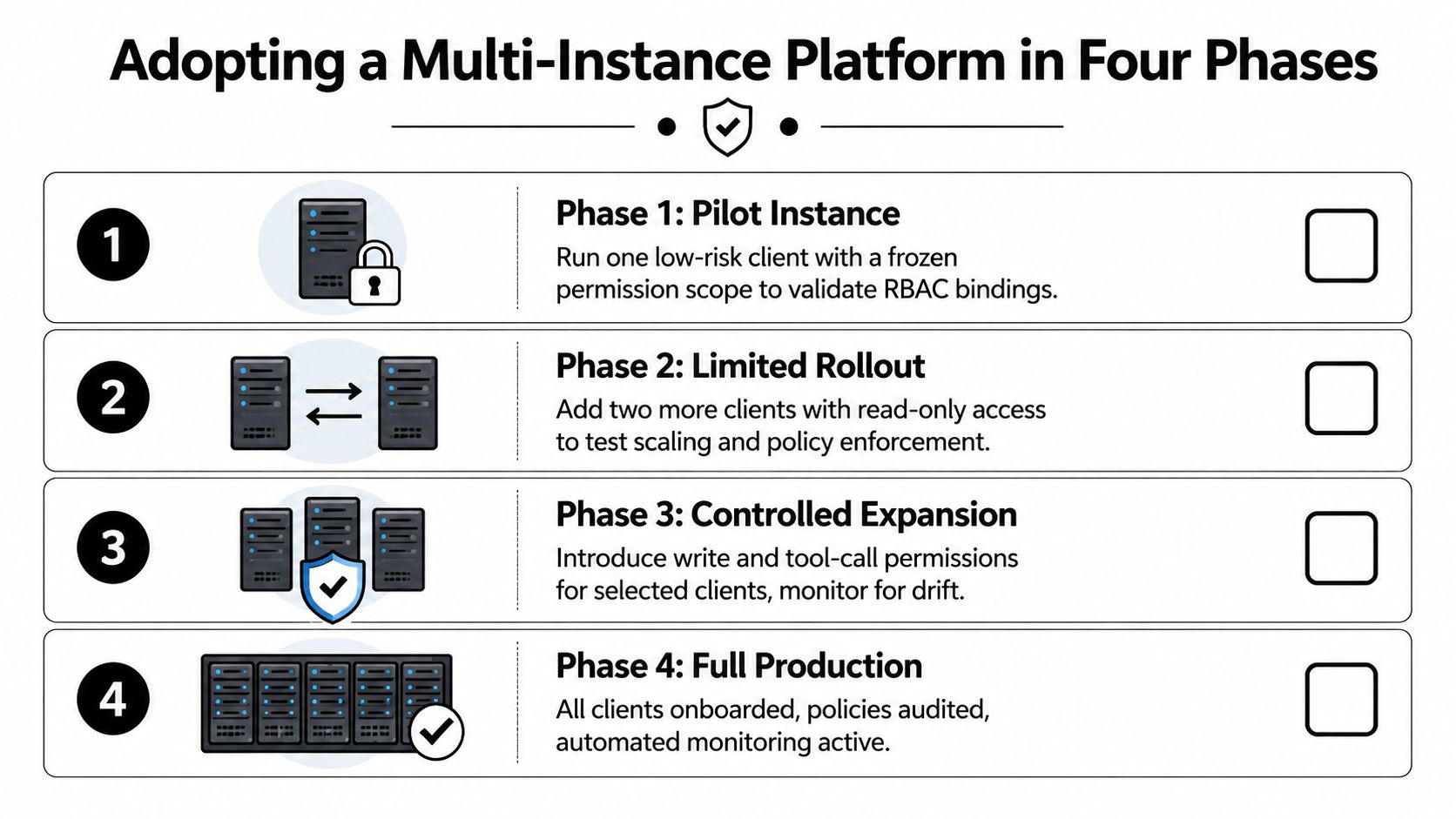 A four-phase strategic plan for adopting a multi-instance platform, focusing on security, scalability, and automated monitoring.