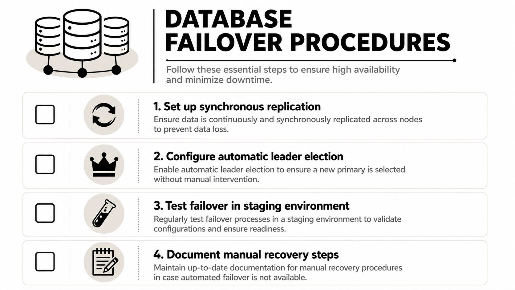 A checklist infographic outlining four essential database failover procedures for ensuring system high availability and uptime.