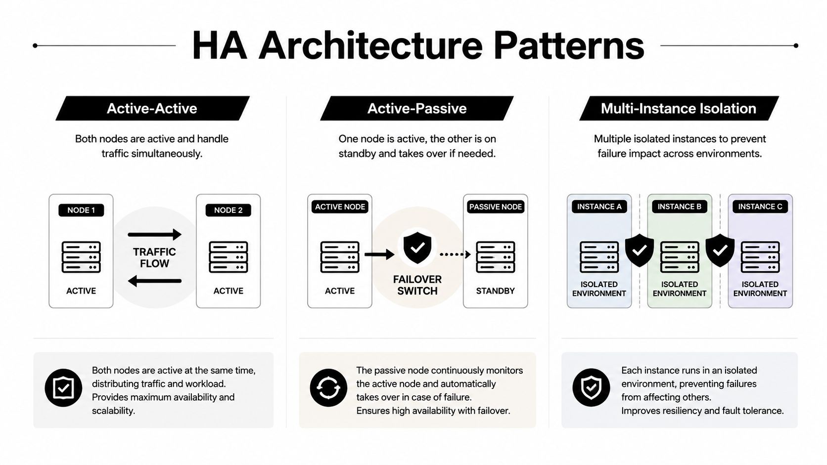 A diagram comparing three High Availability architecture patterns: Active-Active, Active-Passive, and Multi-Instance Isolation for system reliability.