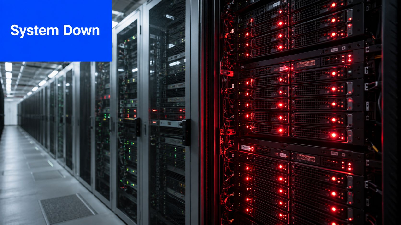 A server room aisle with racks of computer servers showing multiple glowing red status warning lights.