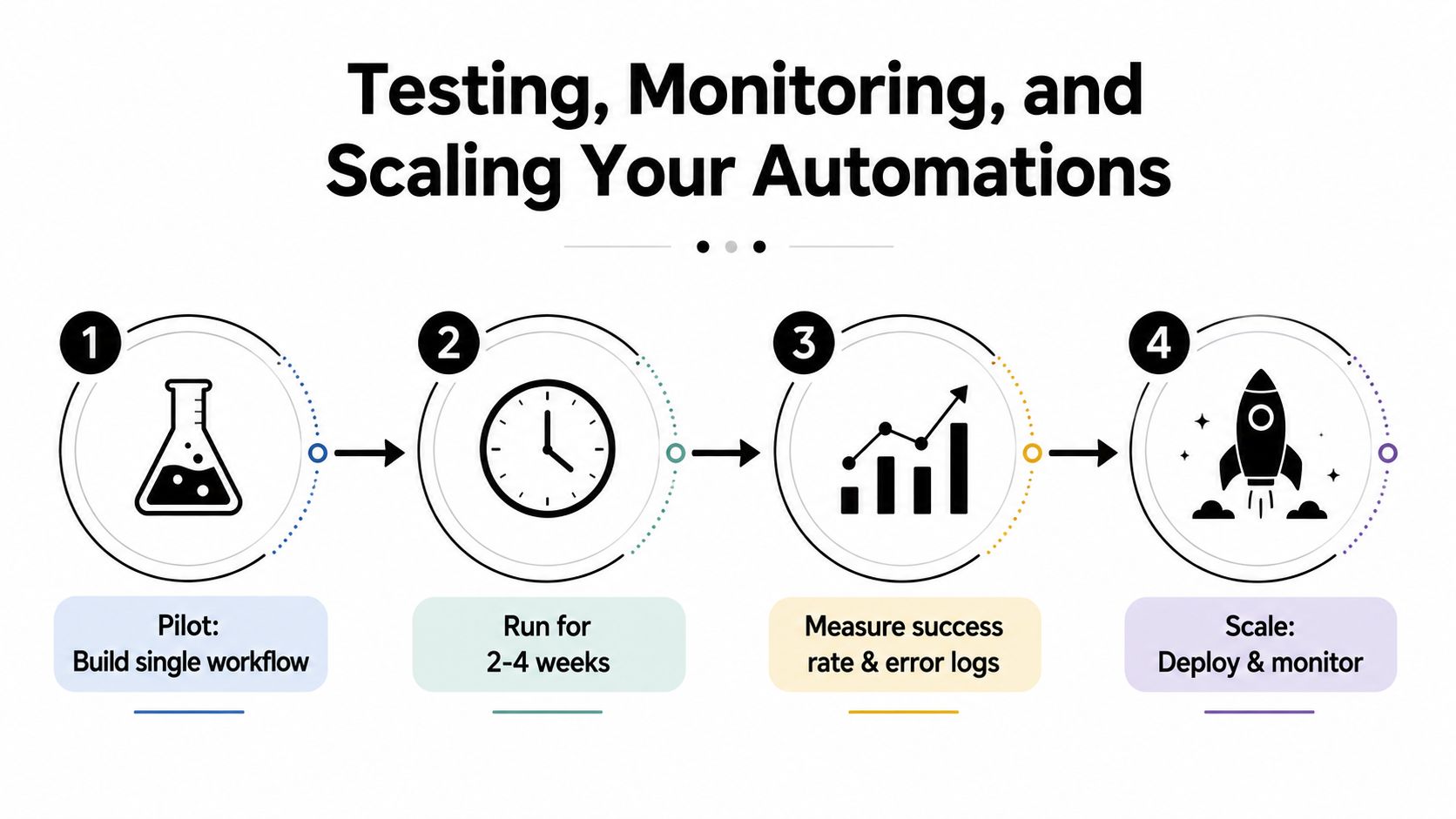 A four-step infographic illustrating the process of testing, monitoring, and scaling automation workflows.