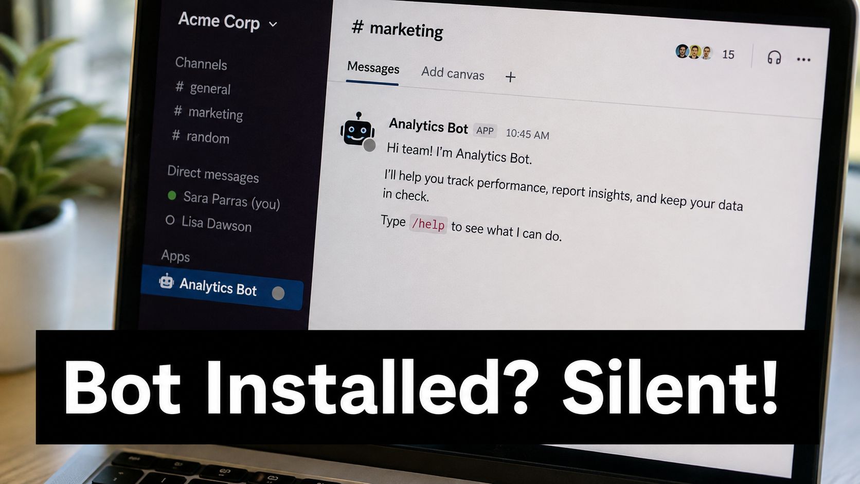 A laptop screen displaying a Slack channel where an Analytics Bot has been successfully installed and integrated.