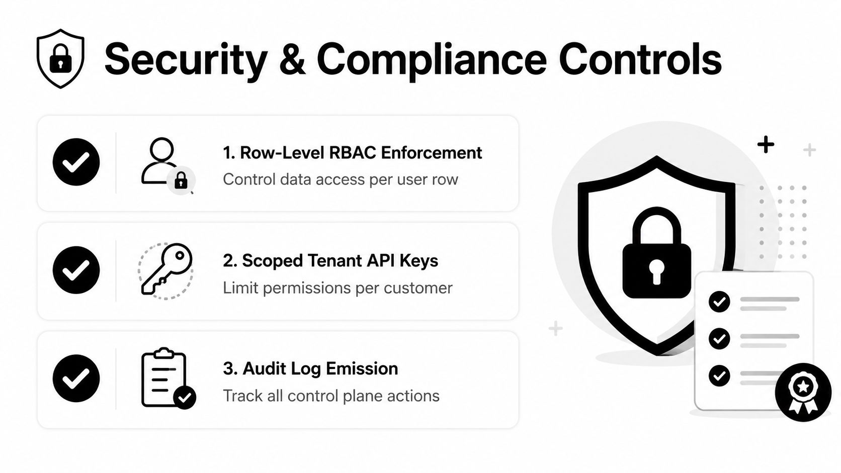 A list of security and compliance controls for data systems including row-level access, API keys, and logs.