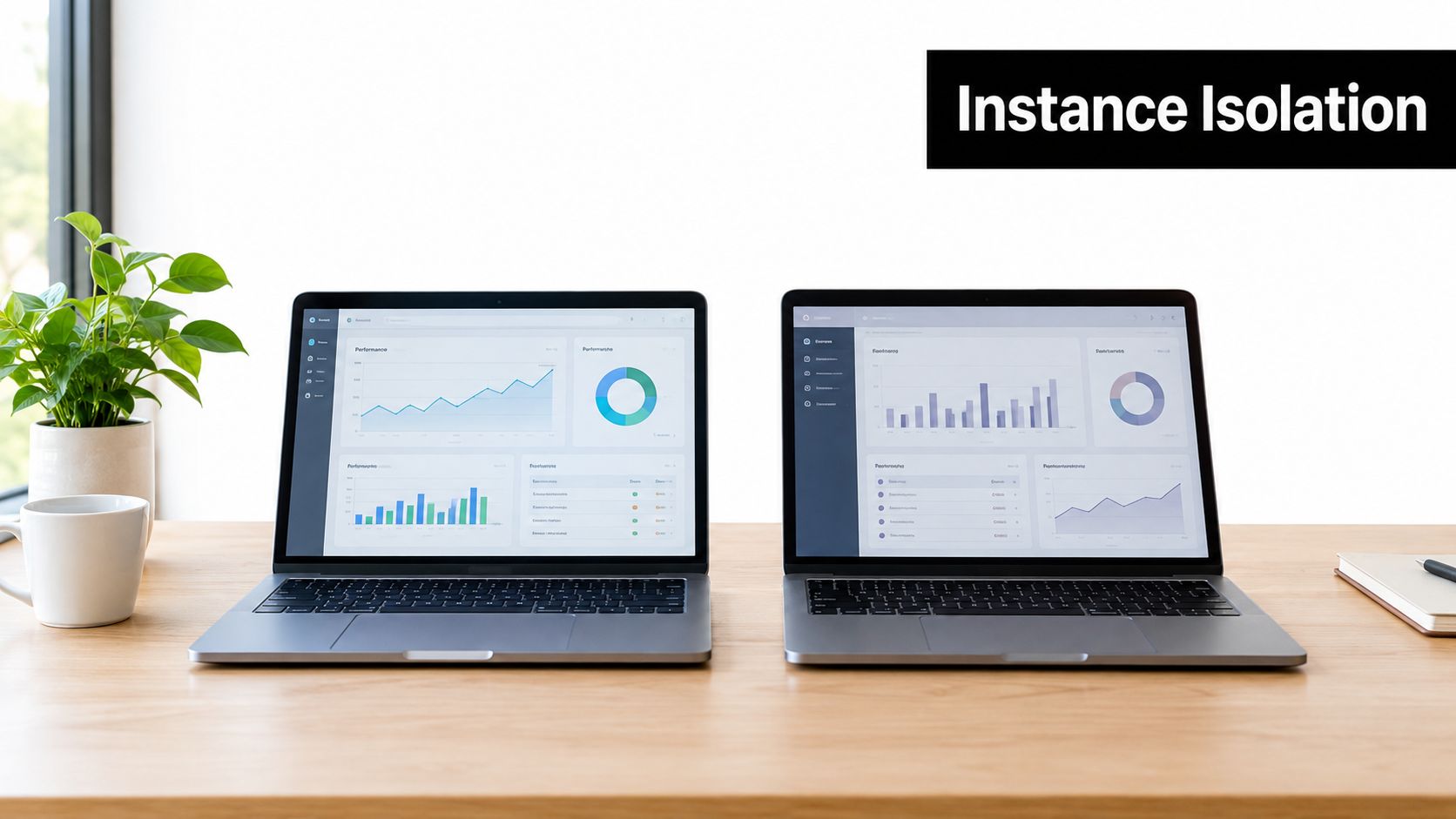 Two open laptops on a wooden desk displaying performance dashboard analytics and data visualization charts.