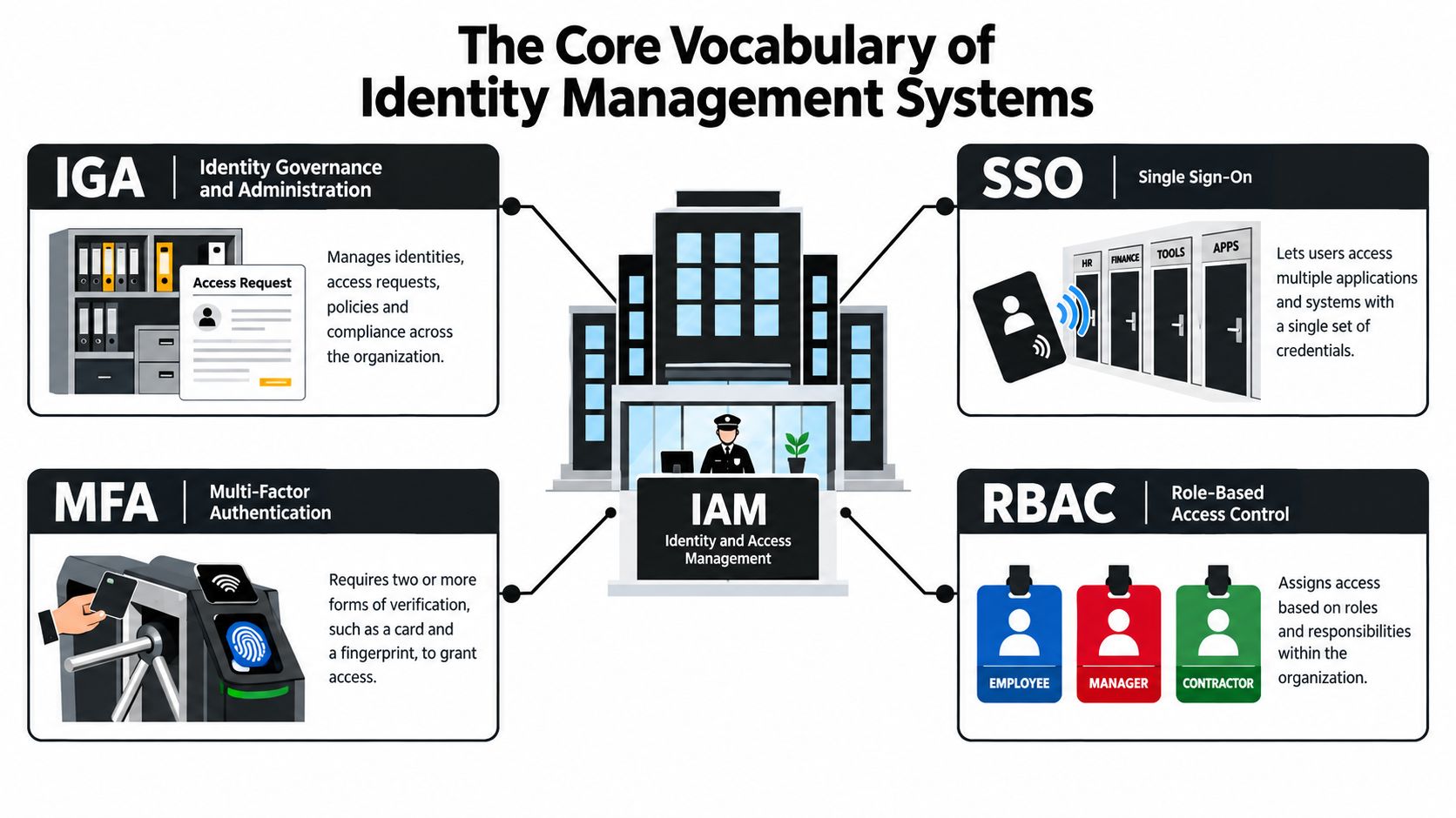 An infographic detailing the core components of identity management systems, including IGA, MFA, SSO, and RBAC.