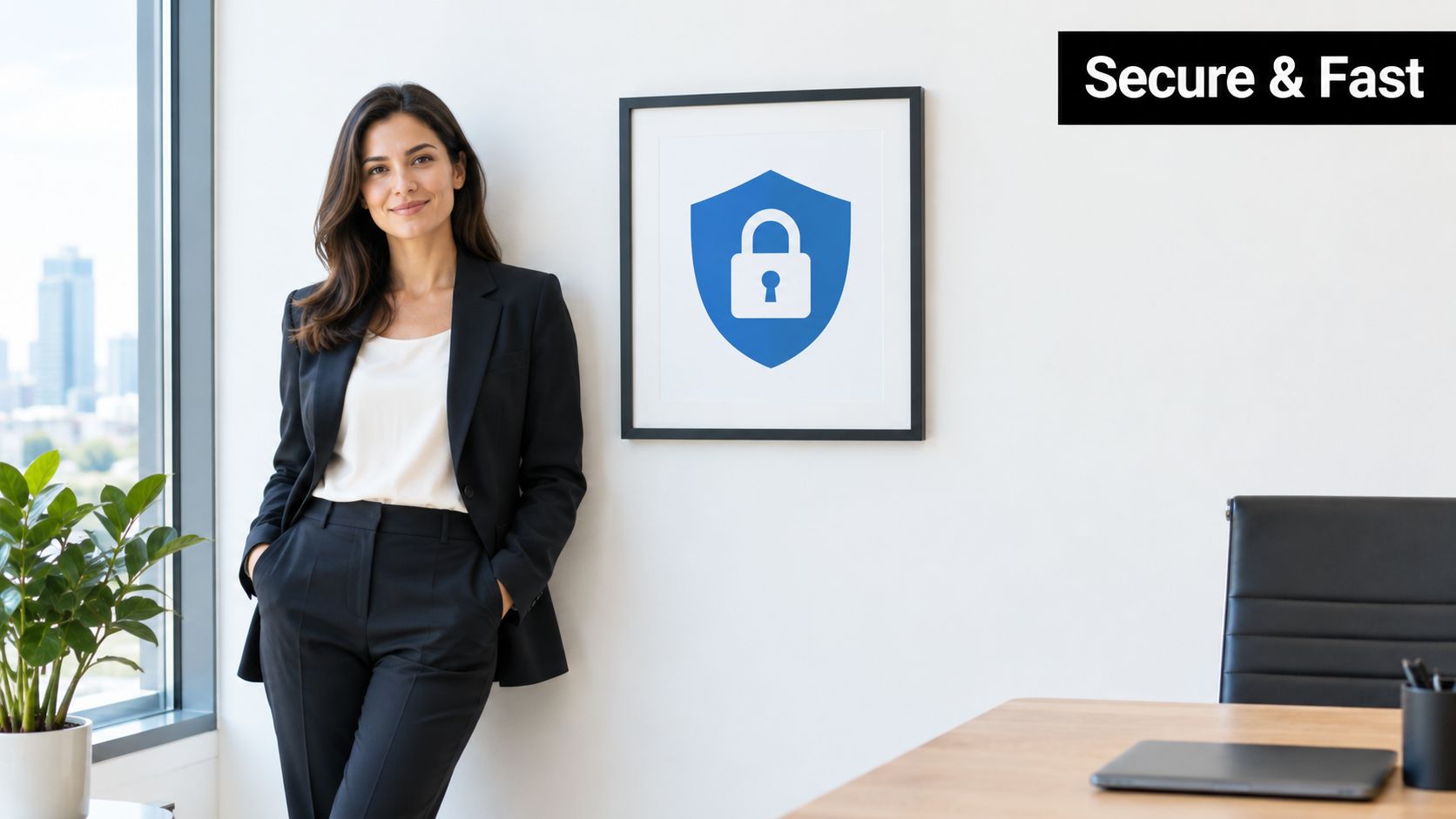 A professional businesswoman leaning against an office wall next to a framed security shield icon.