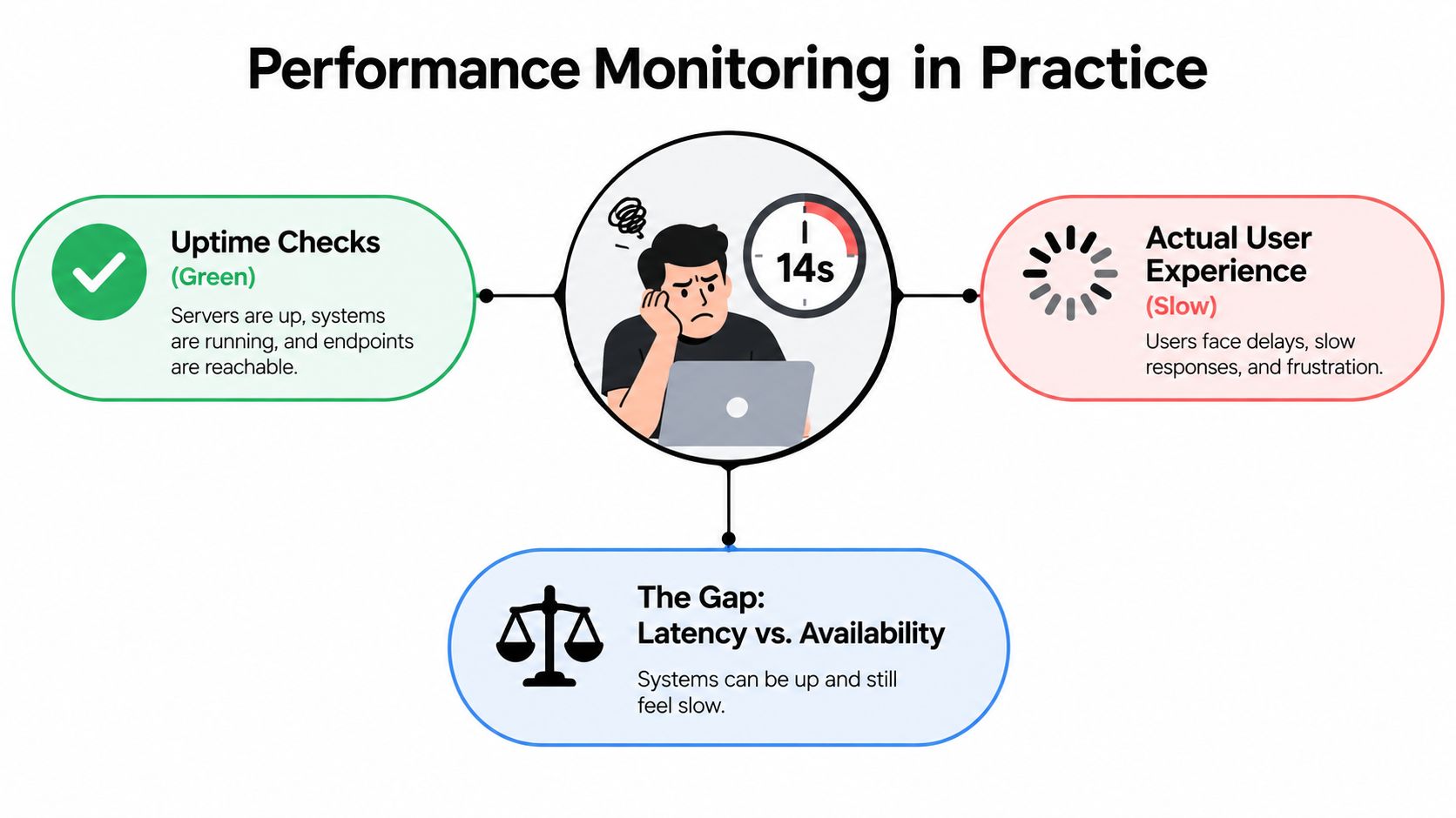 A diagram illustrating the difference between server uptime and actual user experience in performance monitoring.