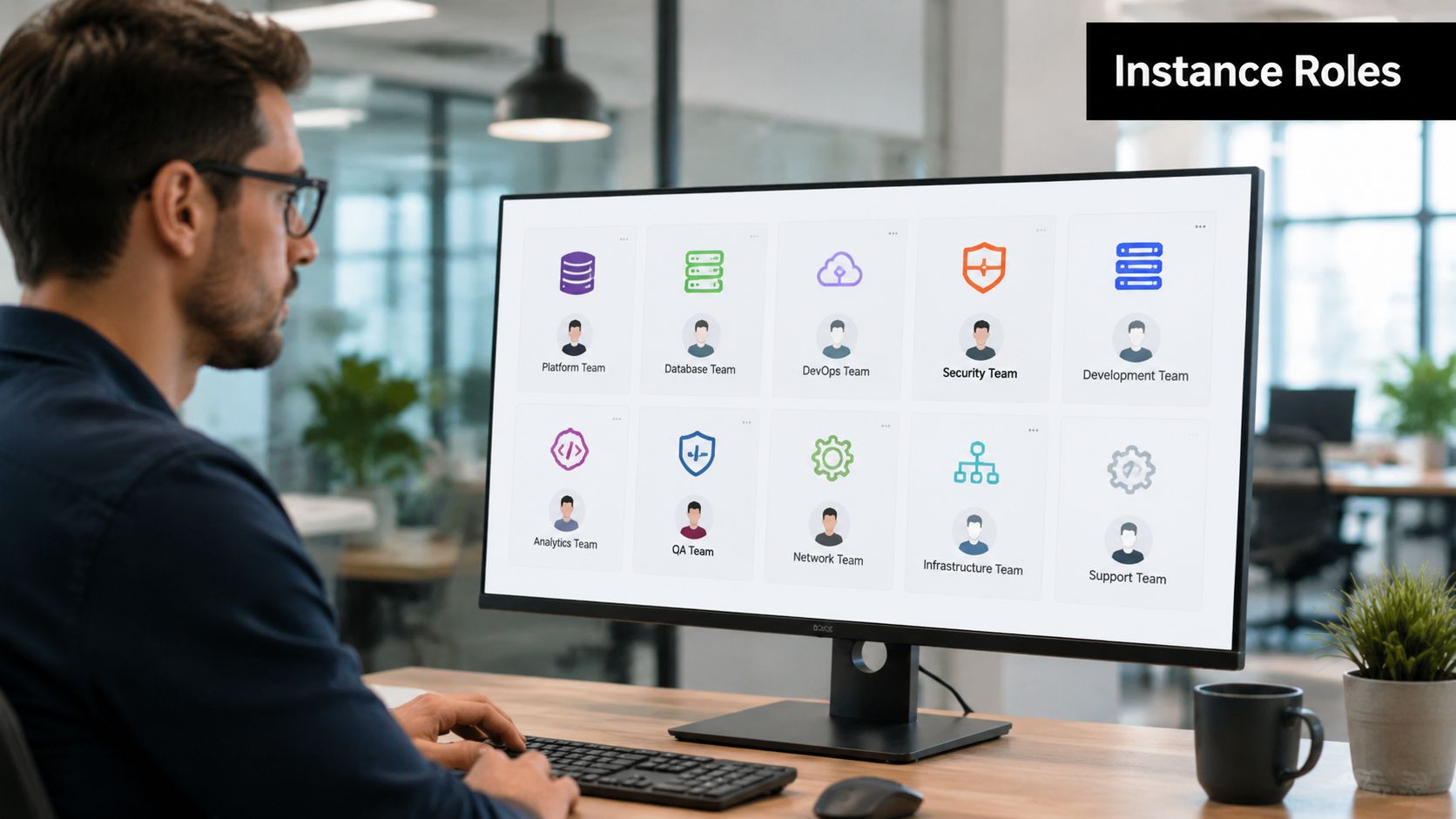 A professional analyzing a screen displaying various instance roles and team permissions in an office setting.